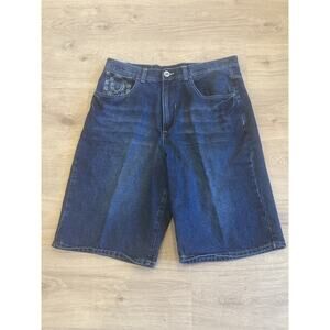 Phat Farm Men's 36 Blue Denim Embroidered Jean Shorts Baggy Skater Hip Hop Y2K